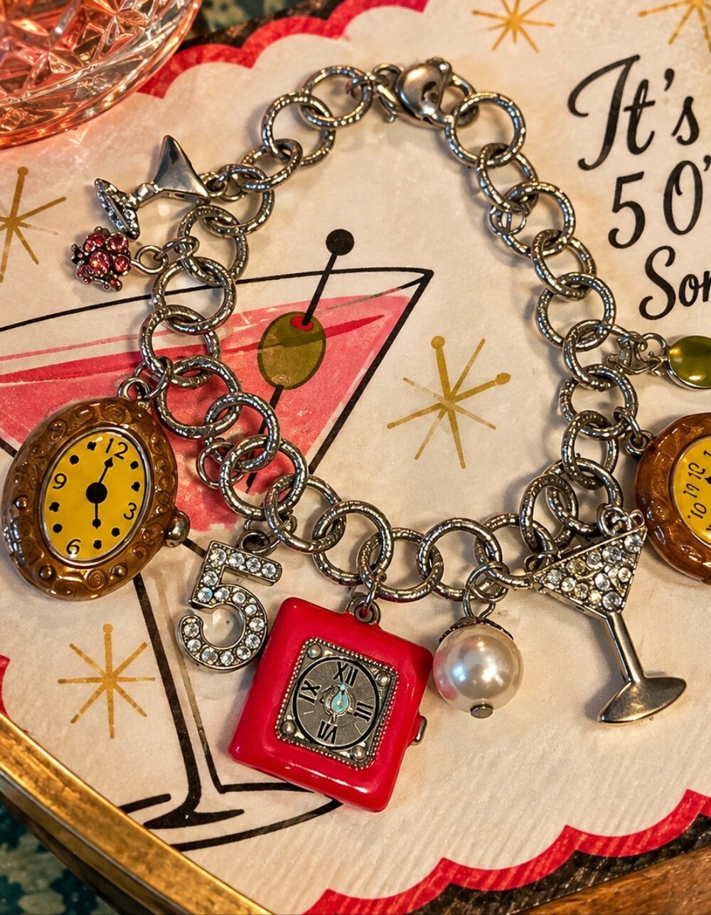 Lolita “It’s 5 O’Clock Somewhere” Charm Bracelet – Whimsical Cocktail & Clock